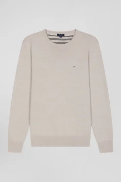 Regular beige wool and cotton crew neck jumper