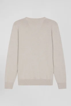 Regular beige wool and cotton crew neck jumper