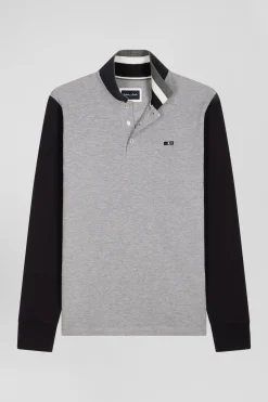 Regular black bicolor long-sleeved cotton piqué polo shirt with jacquard collar