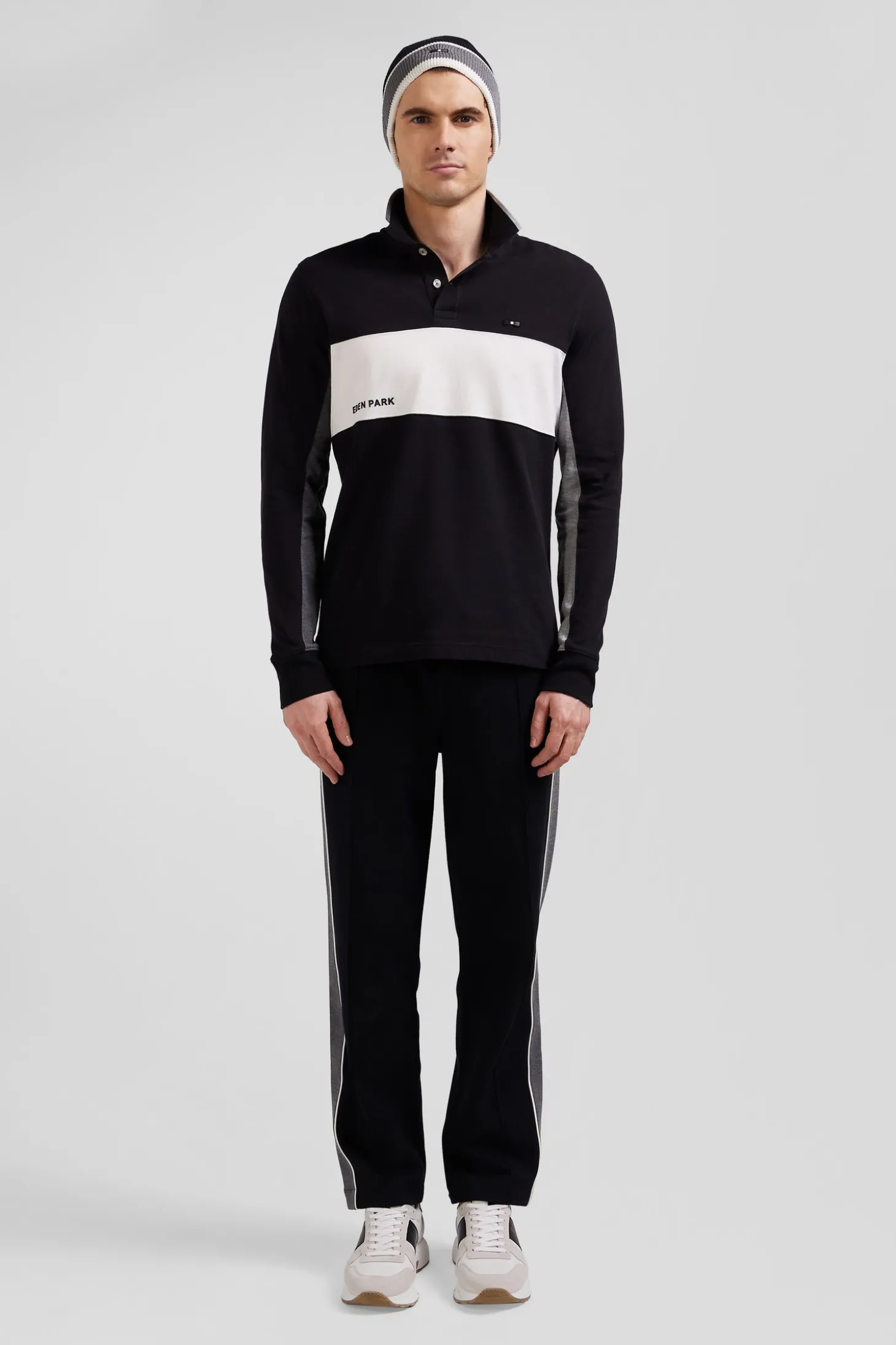 Regular black colorblock long-sleeved cotton piqué polo shirt