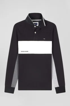 Regular black colorblock long-sleeved cotton piqué polo shirt