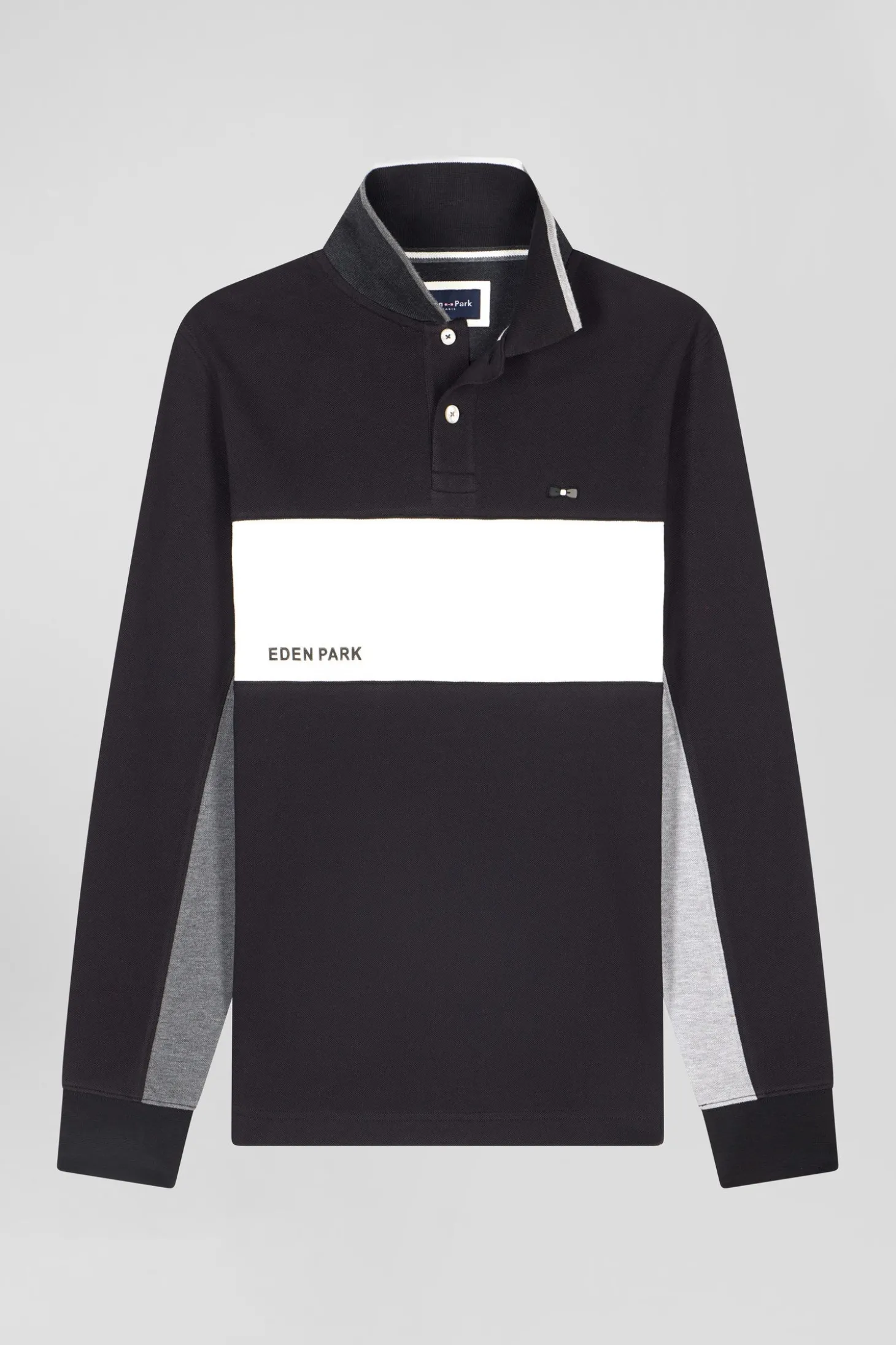 Regular black colorblock long-sleeved cotton piqué polo shirt