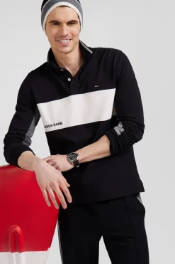 Regular black colorblock long-sleeved cotton piqué polo shirt
