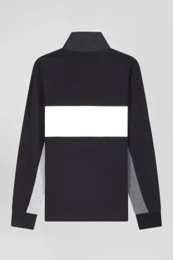 Regular black colorblock long-sleeved cotton piqué polo shirt