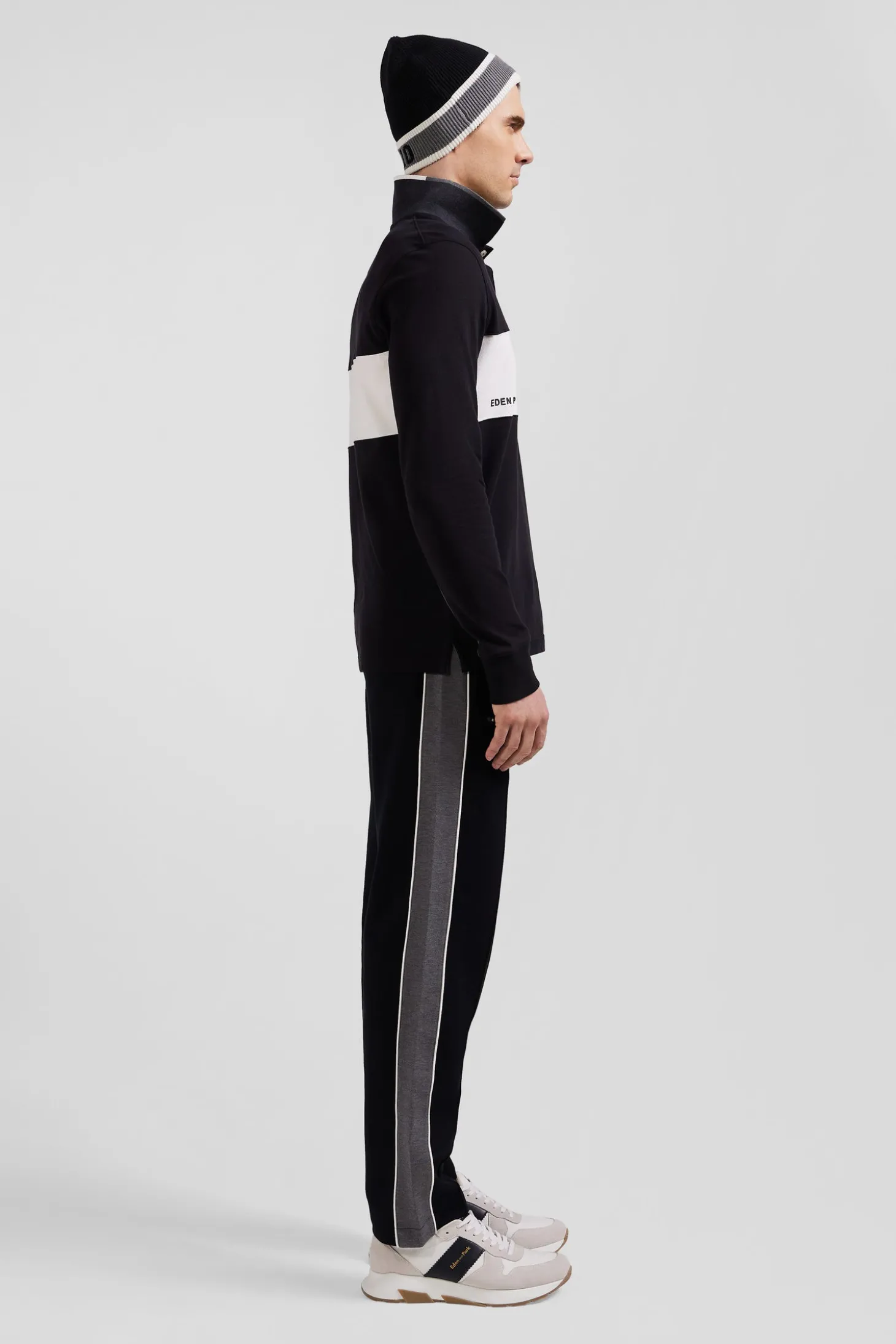 Regular black colorblock long-sleeved cotton piqué polo shirt