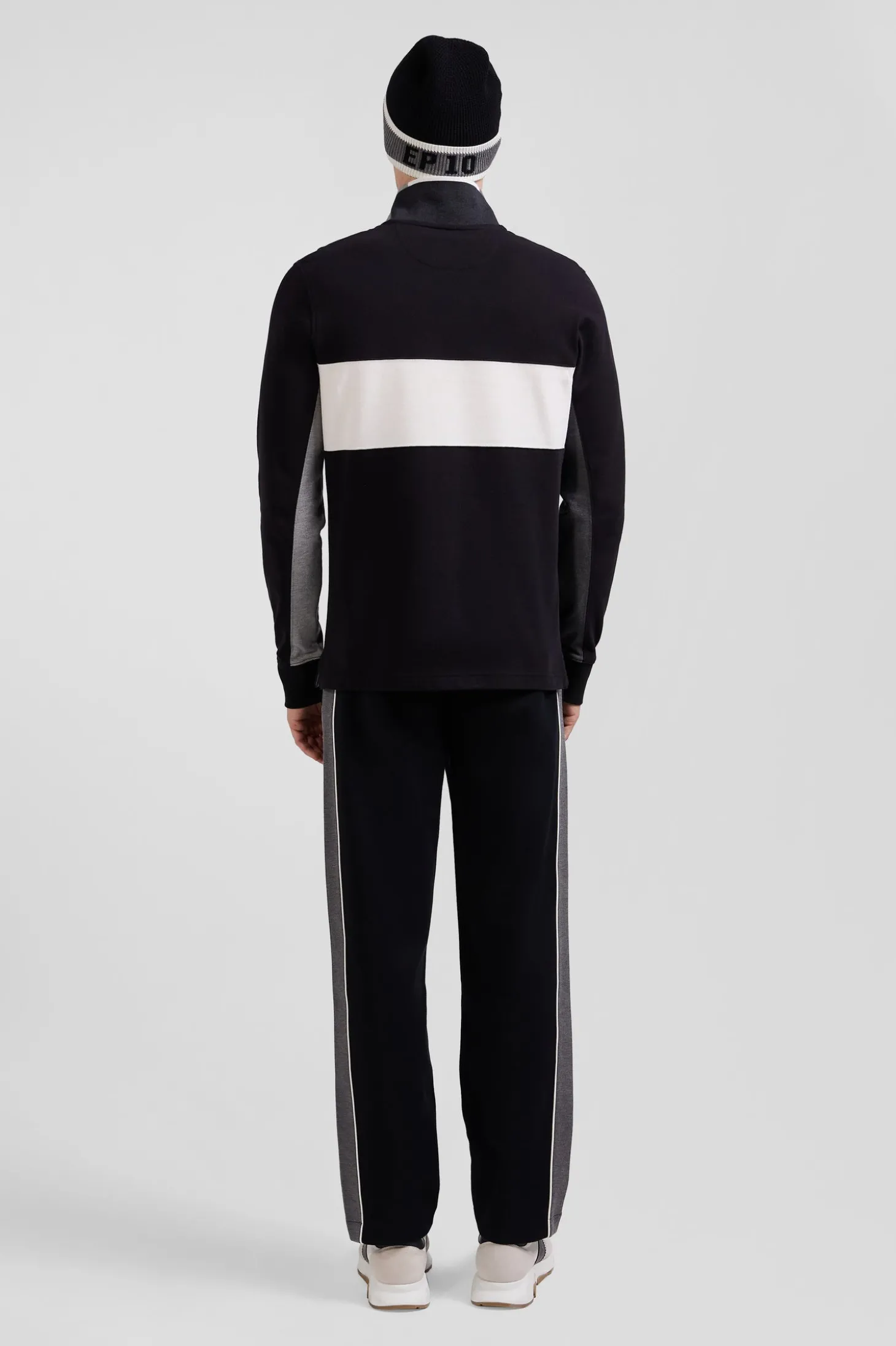 Regular black colorblock long-sleeved cotton piqué polo shirt