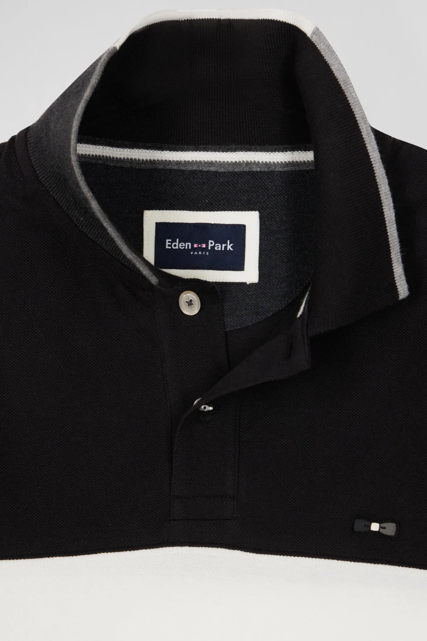 Regular black colorblock long-sleeved cotton piqué polo shirt