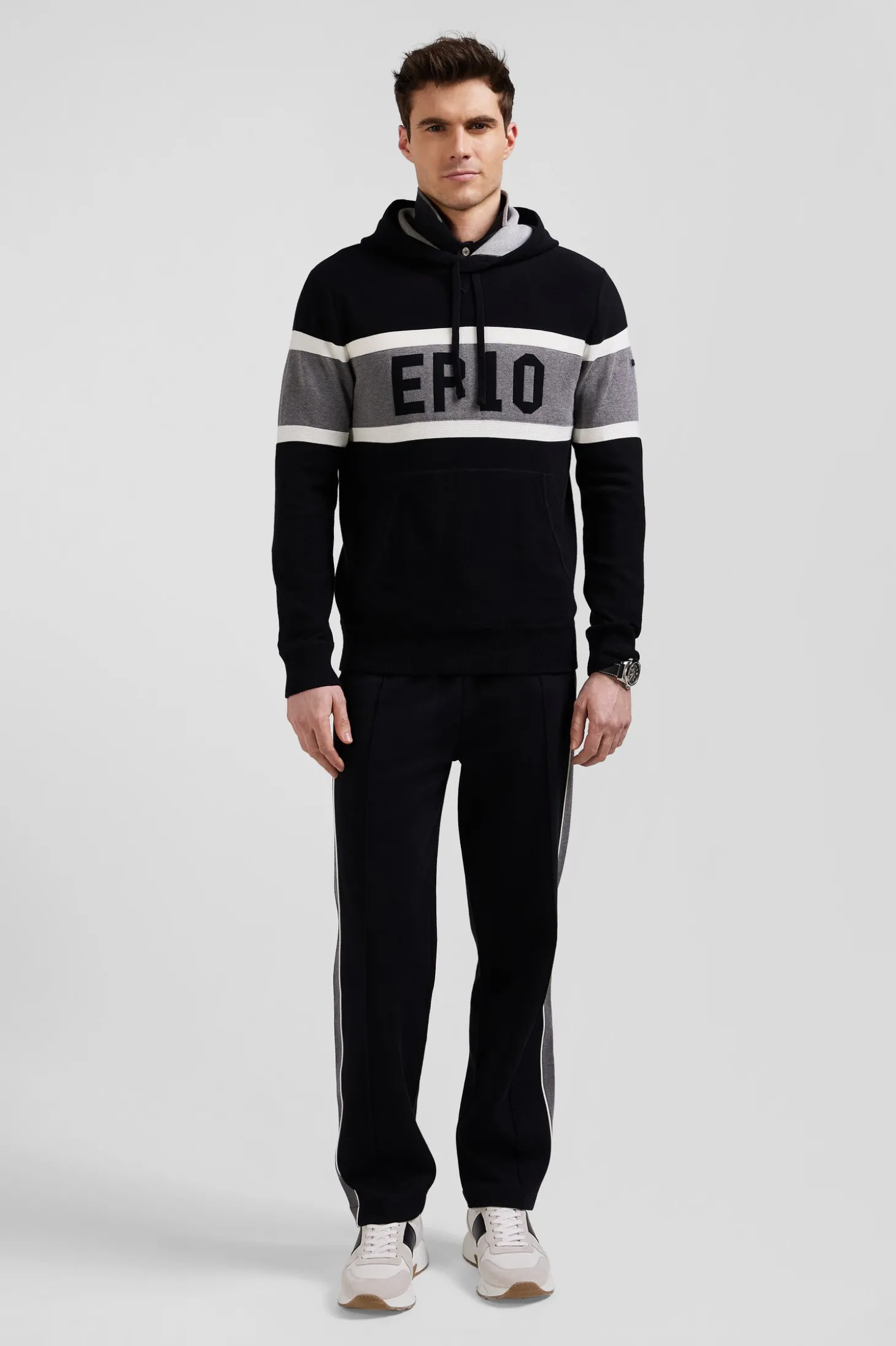 Regular black hooded jumper with EP10 jacquard