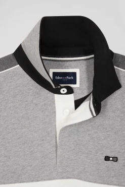Regular black long-sleeved cotton rugby shirt with back embroidery and piping