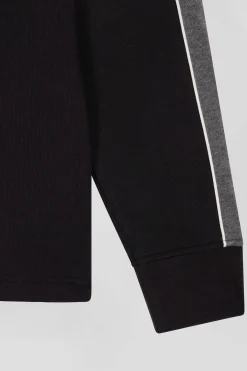 Regular black long-sleeved cotton rugby shirt with back embroidery and piping