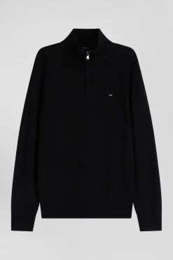 Regular black semi-zipped wool and cotton jumper