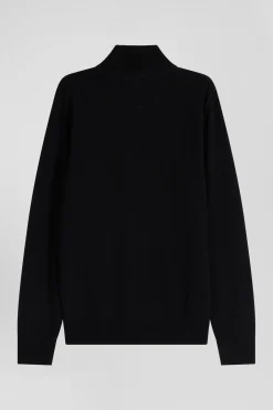 Regular black semi-zipped wool and cotton jumper