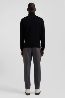 Regular black semi-zipped wool and cotton jumper