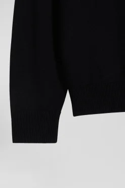 Regular black semi-zipped wool and cotton jumper