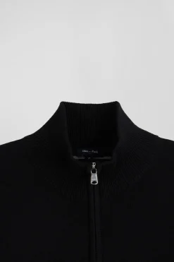 Regular black semi-zipped wool and cotton jumper
