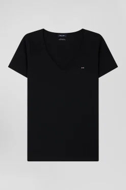 Regular black short-sleeved V-neck cotton T-shirt