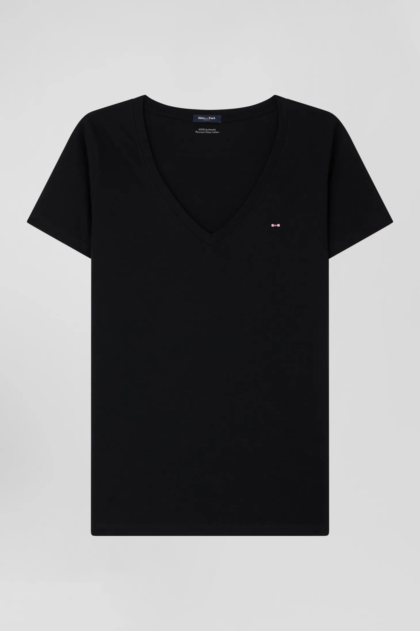 Regular black short-sleeved V-neck cotton T-shirt
