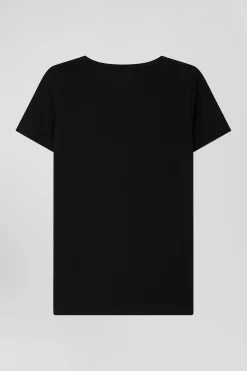 Regular black short-sleeved V-neck cotton T-shirt
