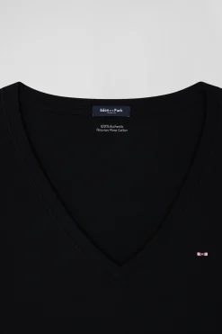 Regular black short-sleeved V-neck cotton T-shirt