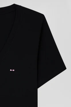 Regular black short-sleeved V-neck cotton T-shirt