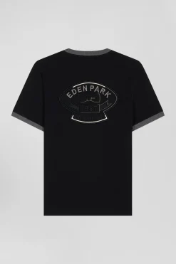 Regular black short-sleeved cotton T-shirt with back embroidery