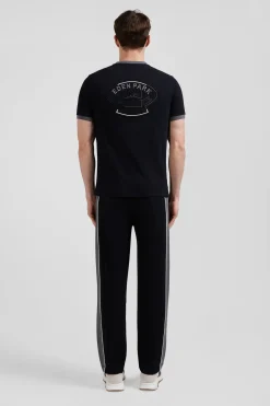 Regular black short-sleeved cotton T-shirt with back embroidery