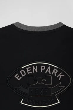 Regular black short-sleeved cotton T-shirt with back embroidery