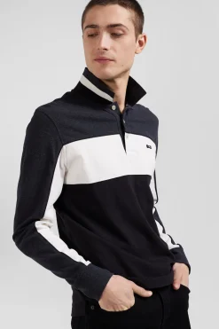 Regular black tricolor long-sleeved cotton piqué polo shirt