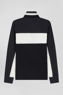Regular black tricolor long-sleeved cotton piqué polo shirt