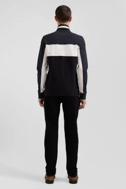 Regular black tricolor long-sleeved cotton piqué polo shirt