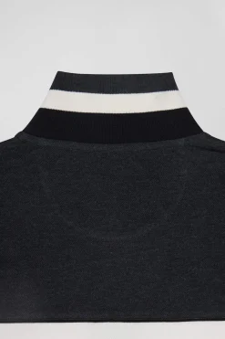 Regular black tricolor long-sleeved cotton piqué polo shirt