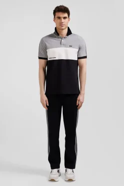 Regular black tricolor short-sleeved cotton piqué polo shirt with Eden Park lettering