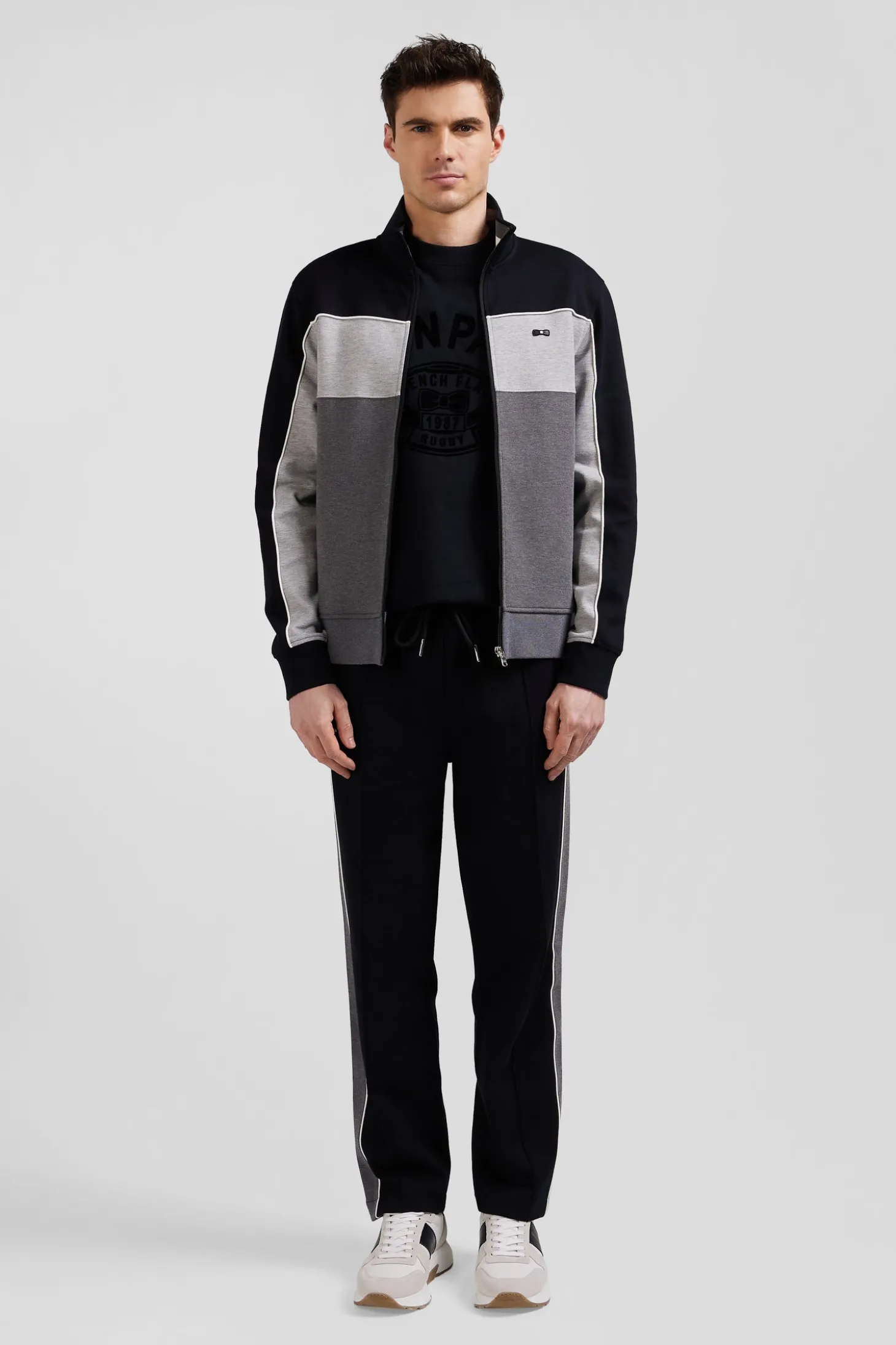 Regular black tricolor zipped cotton blend sweatshirt