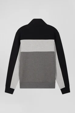 Regular black tricolor zipped cotton blend sweatshirt