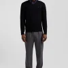 Regular black wool and cotton V-neck jumper with striped details