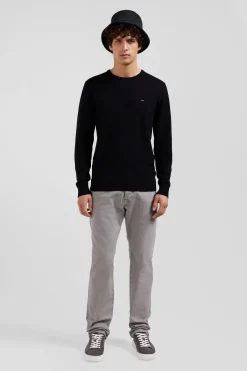 Regular black wool and cotton crew neck jumper