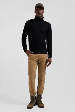 Regular black wool and cotton turtleneck jumper
