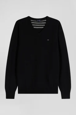Regular black wool and cotton V-neck jumper with striped details