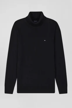 Regular black wool and cotton turtleneck jumper
