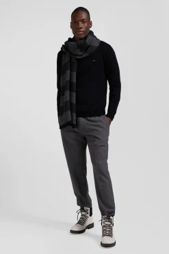 Regular black wool and cotton V-neck jumper with striped details