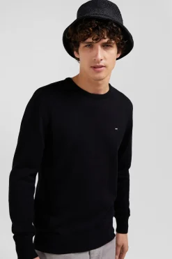 Regular black wool and cotton crew neck jumper