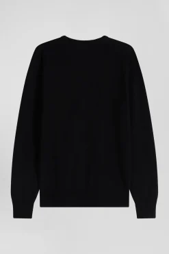 Regular black wool and cotton V-neck jumper with striped details