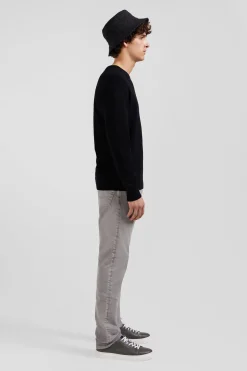 Regular black wool and cotton crew neck jumper