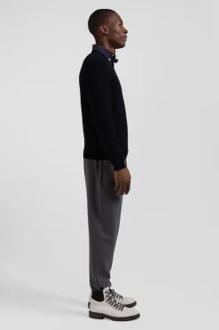 Regular black wool and cotton V-neck jumper with striped details