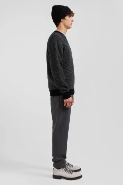 Regular black wool and cotton crew neck jumper