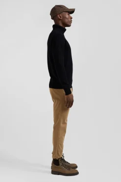 Regular black wool and cotton turtleneck jumper