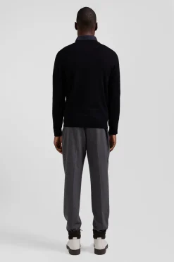 Regular black wool and cotton V-neck jumper with striped details