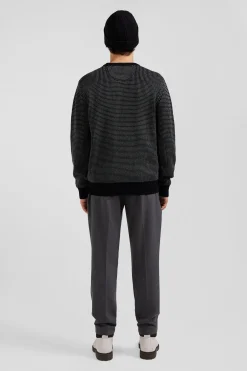 Regular black wool and cotton crew neck jumper