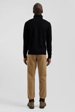Regular black wool and cotton turtleneck jumper