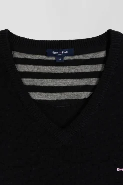 Regular black wool and cotton V-neck jumper with striped details